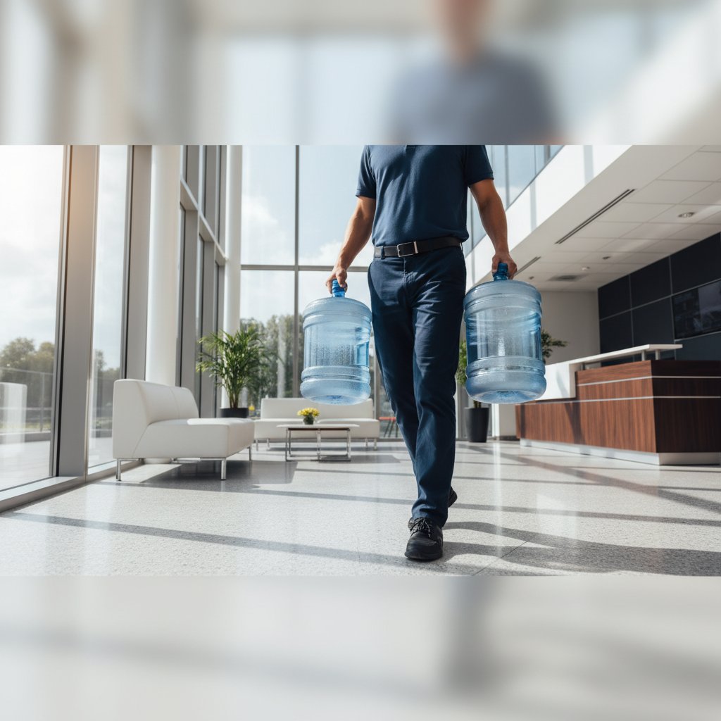 Office water delivery service showing bottled water and dispenser in modern workplace